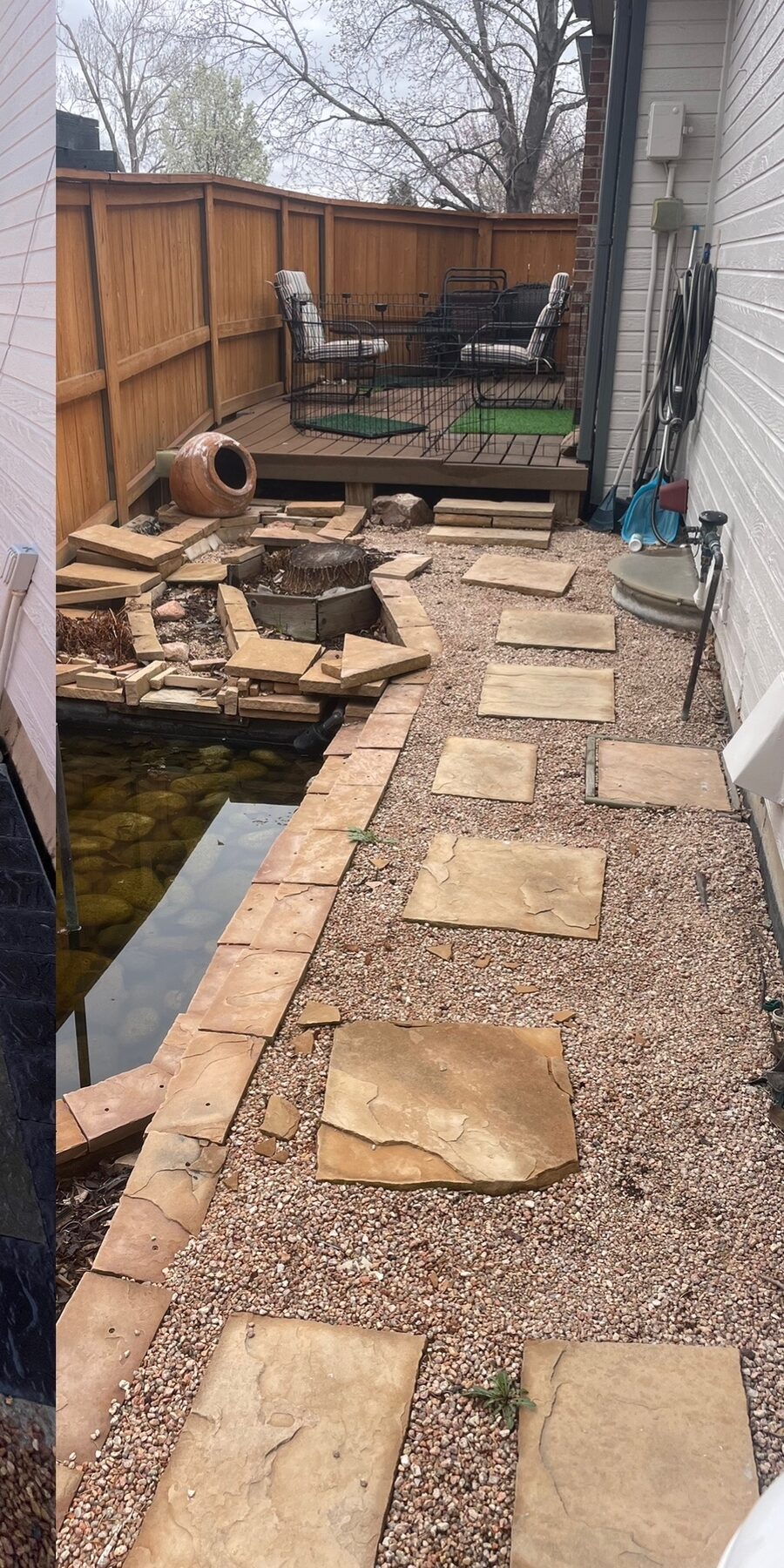 Before: unused koi pond and gravel side yard