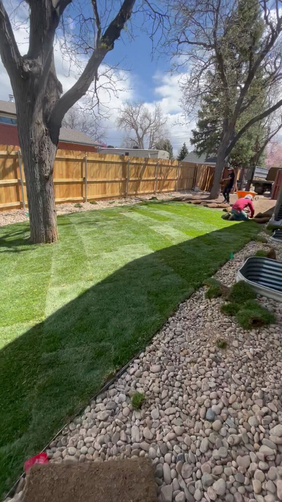 COlorful Landscaping crew installing a new lawn